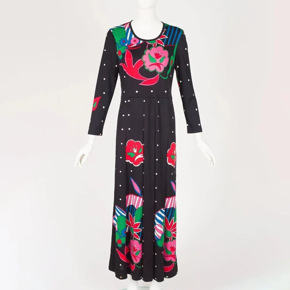 Via Appia 1970s Vintage Italian Pop Art Print Black Jersey Maxi Dress - Picture 2 of 8